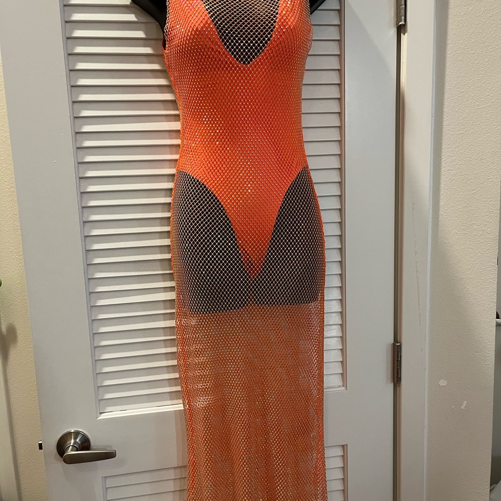 Orange Mesh Maxi Cover-Up Dress